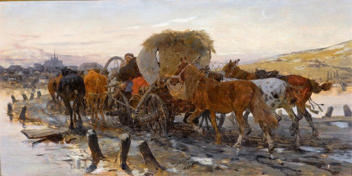 Żydzi prowadzący konie na targ